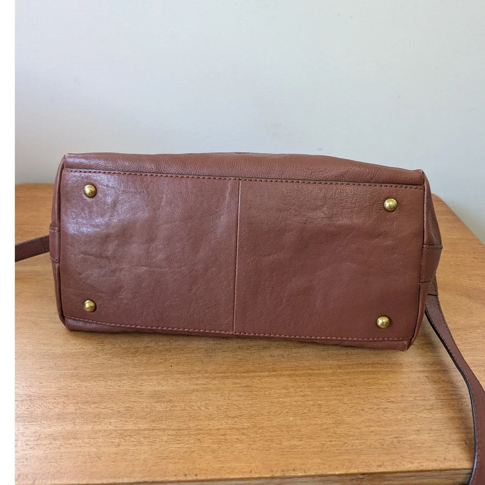 Frye Melissa Leather Satchel Cognac Brown Crossbody Bag Brass Ring Detail